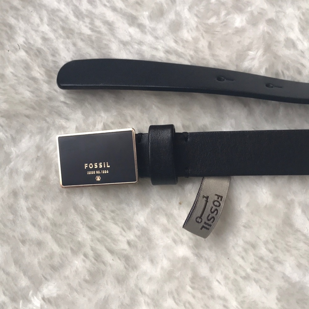 Black leather fossil belt with gold details